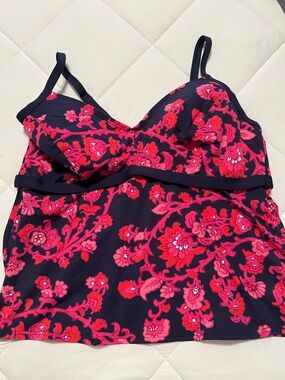 Lands' End Navy Bandeau Tankini Top with Pink Floral Print